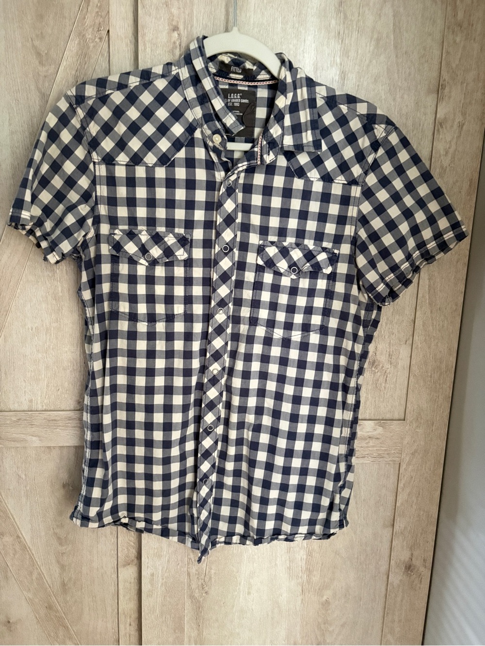 H&M L.O.G.G. Navy Gingham Fitted Button-Up Shirt | Small